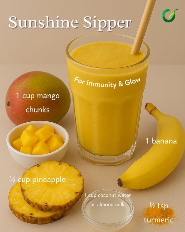 HealthyBody321's tweet image. Mix up this Sunshine Sipper for Immunity &amp;amp; Glow! ✨ This delicious smoothie is packed with mango, pineapple, banana, coconut water/almond milk, and turmeric. Grab the ingredients and start glowing! 🥭

#SmoothieRecipe #ImmunityBoost