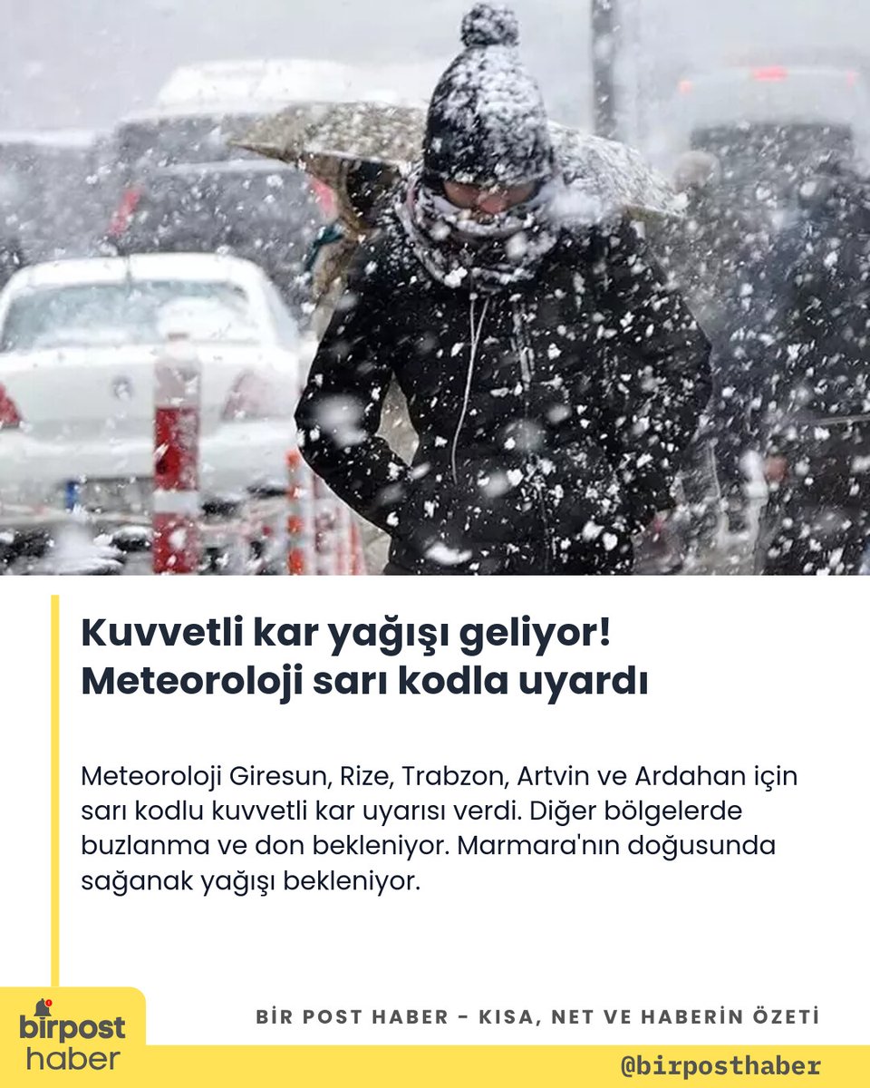 birposthaber's tweet image. Meteoroloji 5 il için kuvvetli kar uyarısı yayınladı — Meteoroloji Giresun, Rize, Trabzon, Artvin ve Ardahan için sarı kodlu kuvvetli kar uyarısı verdi. Diğer bölgelerde buzlanma ve don bekleniyor. Marmara'nın doğusunda sağanak yağışı bekleniyor. #Ha…
sondakika.cc/1895822