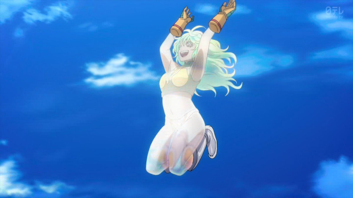 最後の元1-A組のシーン　見返したら葉隠透明なのに下着つけてんじゃねえか！！　髪透明になるしミリオと同じで自分の髪の性質使って服作ってんのかな？でもそれなら手袋も靴も消せるんじゃ... #heroaca_a #ヒロアカ