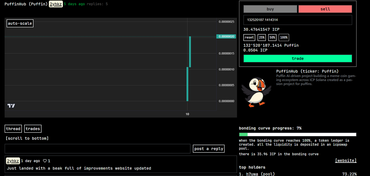 Currently at 7% progress on bonding! 

Puffins be Puffing

<a href="/launchdotfun/">launchdotfun</a> - launch.bob.fun/coin/?id=2959
