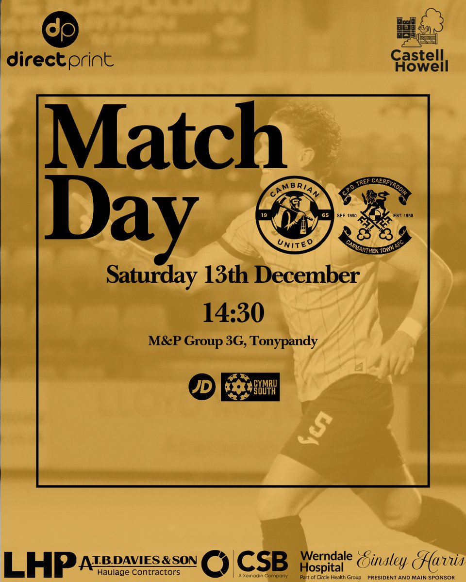 CarmarthenAFC's tweet image. Match Day | Gêm Diwrnod 

We are back in action today as we take a trip to the Rhondda Valleys to face league leaders Cambrian United. Kick off is at 2.30pm 

Rydyn ni'n teithio i Gwm Rhondda i chwarae yn erbyn arweinwyr y gynghrair Cambrian United.