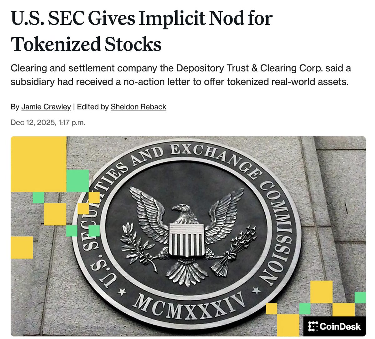 Yesterday, @CoinDesk reported that a subsidiary of @The_DTCC received an  @SECGov no-action letter to run a tokenization service on approved  blockchains for three years. This is the quiet shift: crypto rails plus