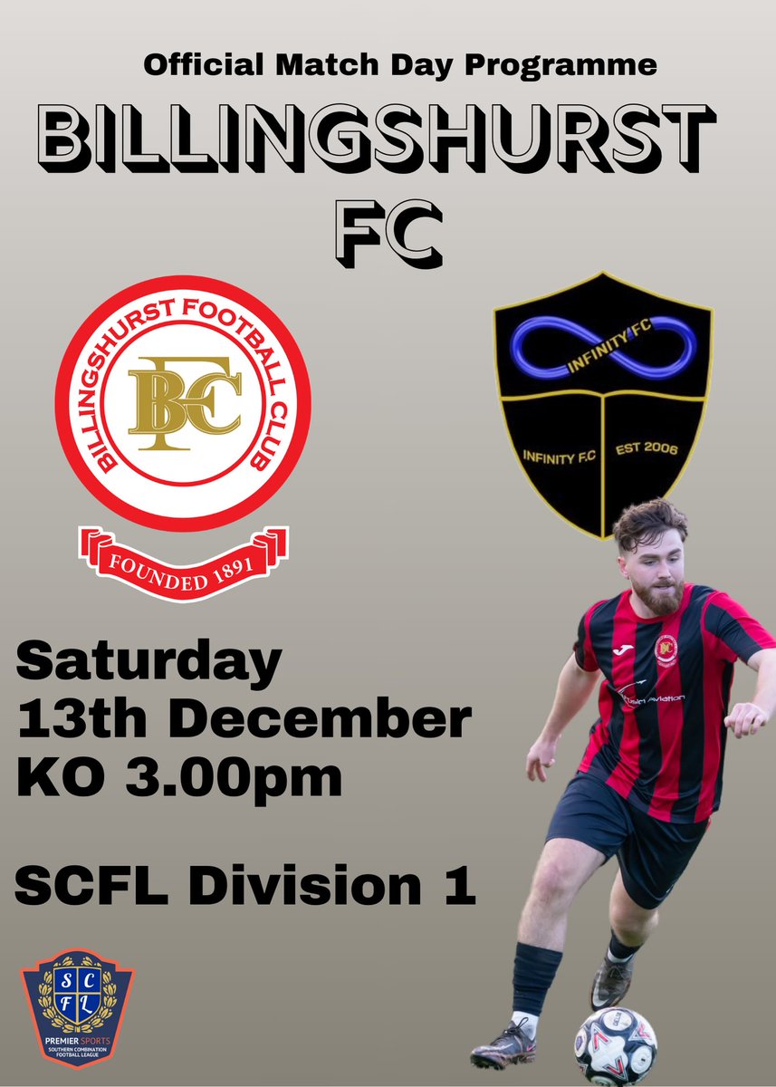 Billingshurstfc's tweet image. Today's match programme @Billingshurstfc vs @Infinity_f_c is in billingshurstfc.co.uk or via tinyurl.com/fpxw4aak . Usual stuff in there: comments, Billi squad, quiz, pictures.  Afraid no oppo squad or history