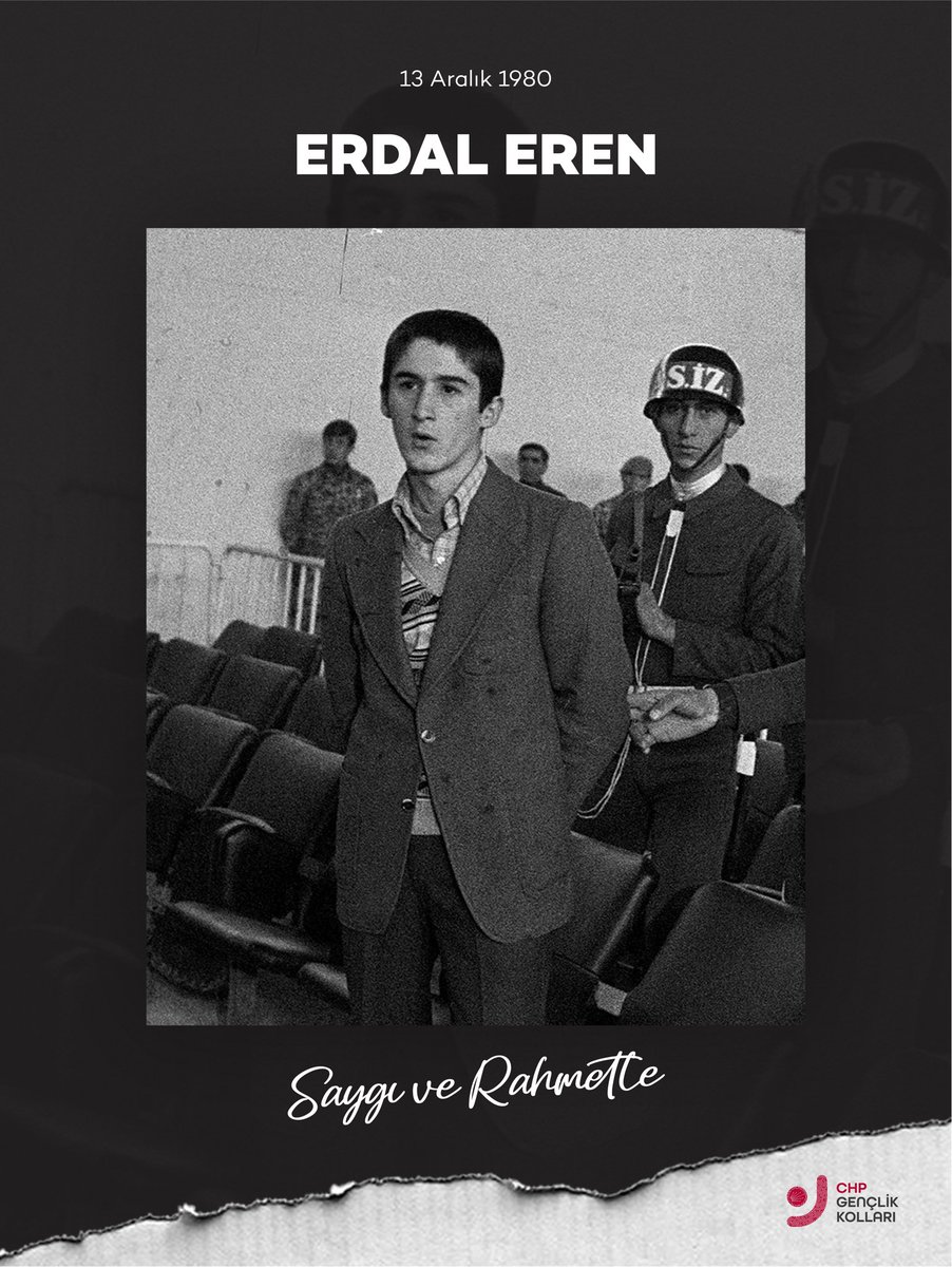 Demokrasinin rafa kalktığı 12 Eylül karanlığında yaşı büyütülerek darağacına gönderilen Erdal Eren’i unutmadık. Unutmayacağız.

İnsan onurunu hiçe sayan, demokrasi karşıtı cunta anlayışına karşı mücadelemiz devam ediyor.