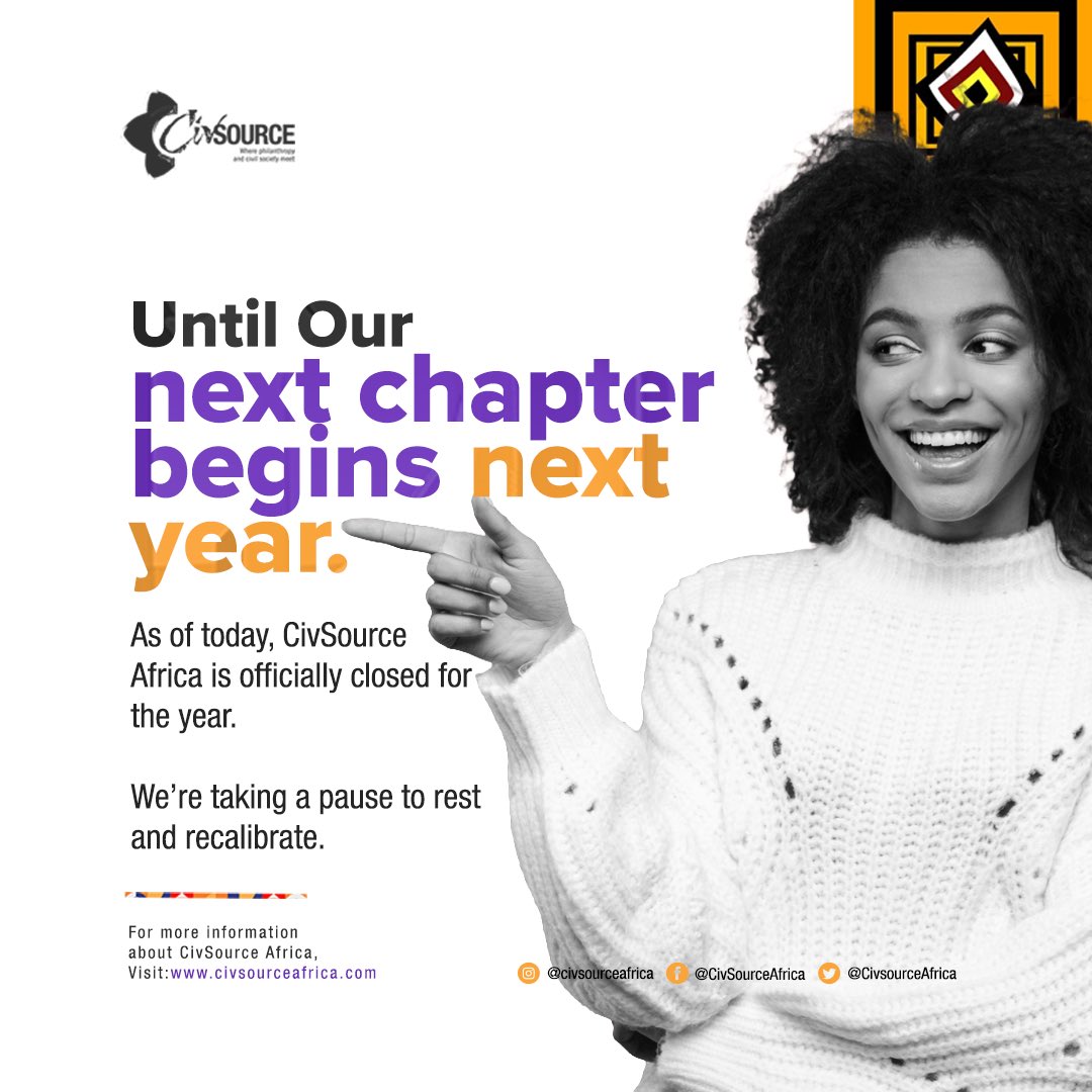 🙌🏾Our next chapter begins next year.
 
As of today, CivSource Africa is officially closed for the year.
 
We’re taking a pause to rest and recalibrate. See you in 2026!

#merrychristmas🎁🎅🎄❄️☃️🌲⛄️🌨❄️🎁
