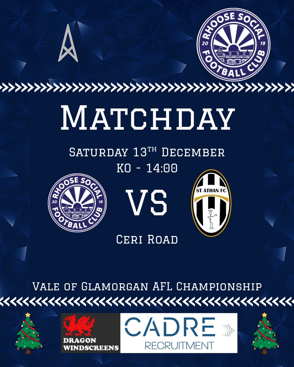 🎄 Matchday 🎄

Rhoose Social FC are back in action today for our final game before Christmas 🎅⚽️

🆚 St Athan Reserves
🏟 Ceri Road (Home)
⏰ Kick-off: 2:00pm

Come down and show your support as we look to finish 2025 on a high 💪🔵⚪️

#Matchday #RhooseSocialFC #UpTheSocial