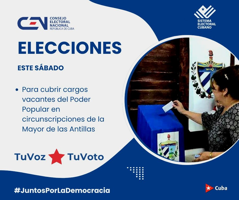 #CENCuba 🇨🇺 Hoy jornada electoral para cubrir plazas vacantes de delegados a las Asambleas Municipales del #PoderPopular 

#TuVozTuVoto
#JuntosPorLaDemocracia