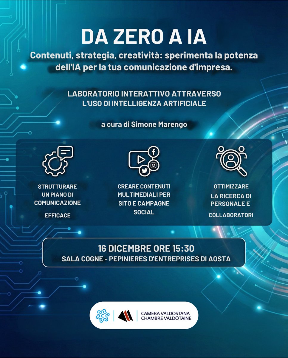 L’#IntelligenzaArtificiale non è più teoria ma uno strumento concreto per le imprese.
📅 16 dicembre | ore 15.30
📍 Aosta – Sala Cogne, Pépinières d’Entreprises

Laboratorio interattivo promosso da #ChambreValdotaine.

👉 Iscriviti (link nel reply)

#AI #Digitalizzazione #Imprese