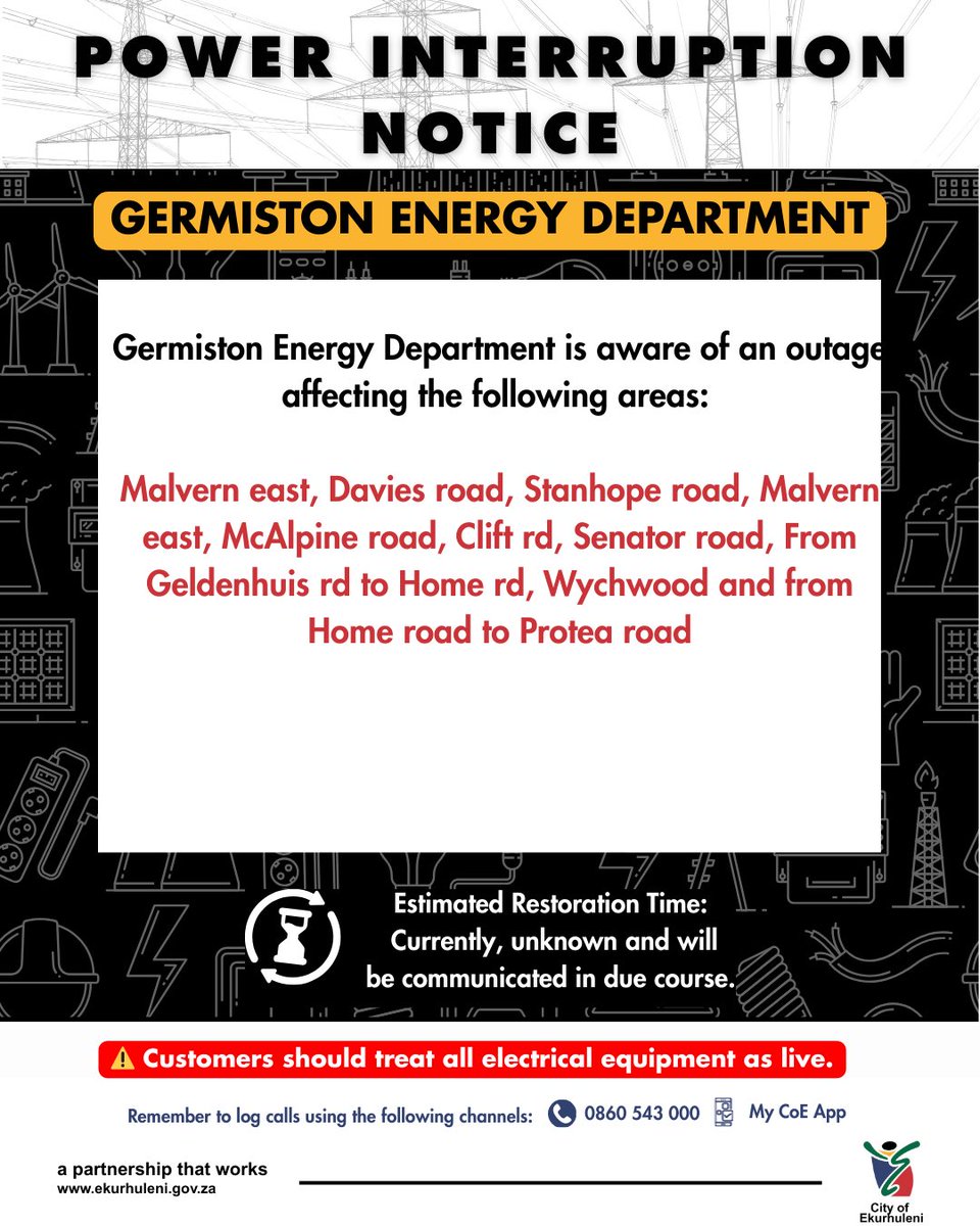 Sanibonani bahlali base Germiston. Please take note of the following power interruption for the areas listed below.

#COEPower #COEWorks