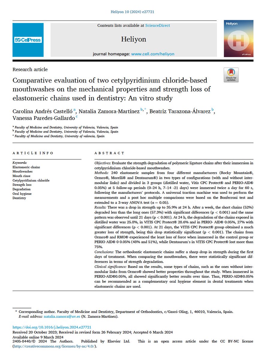 orthoUVresearch's tweet photo. Do CPC-based mouthwashes affect orthodontic elastomeric chains?
Our in vitro results show that CPC + chlorhexidine preserves force better over time than CPC alone.
https://t.co/34QJmPU557 https://t.co/CNYDmuPfGN