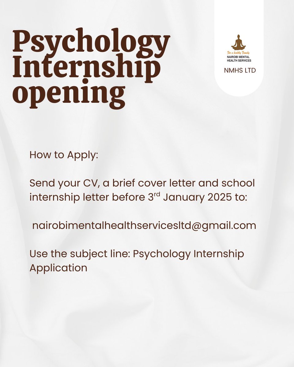Looking to gain hands-on mental health experience? 
Apply for a psychology internship at Nairobi mental health services! 

#Trending #mentalhealth #internship