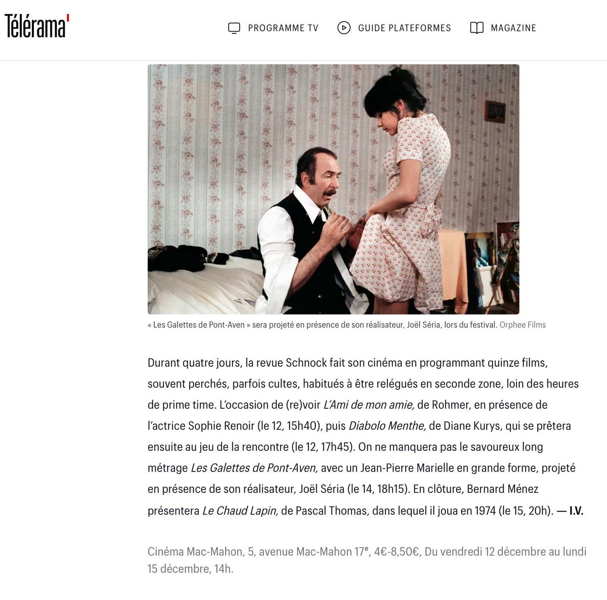 SchnockRevue's tweet photo. "Durant quatre jours, la revue Schnock fait son cinéma en programmant quinze films, souvent perchés, parfois cultes, habitués à être relégués en seconde zone, loin des heures de prime time."
Dans "Télérama". https://t.co/A5DooAHgja