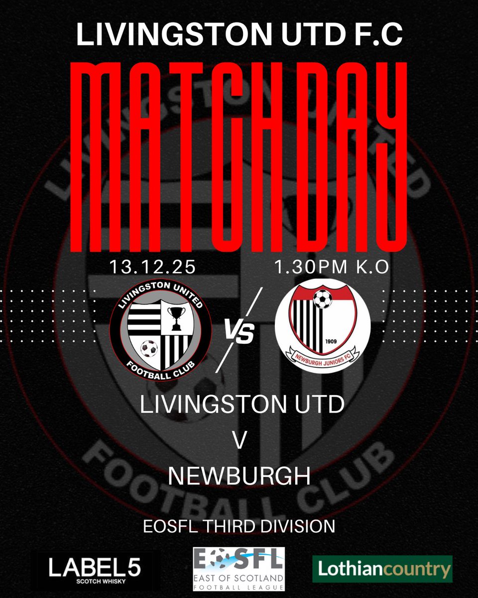 Livingston_utd's tweet photo. ⚽ IT’S MATCH DAY ⚽

This afternoon we are in league action as we welcome Newburgh to Station Park

Get along and support the team 👏🏻⚽️

🗓 Sat 13th December ‘25
🏆 @EastScotlandFA Third Division
⏰ 1.30pm
🆚 @newburghfc 
📍 Station Park https://t.co/sTPU1DvYzM
