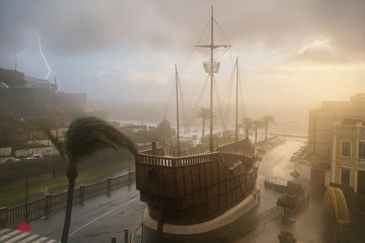 Hoy es Santa Lucía y de repente: lluvia, viento, sol, bruma, truenos, rayo y frío. Apenas amanece cuando ¡zas! un rayo parte el horizonte. Un buen palo de agua repentina, con algo de granizo fino, cae al amanecer sobre el Barco de la Virgen, de Sta. Cruz de La Palma 😎