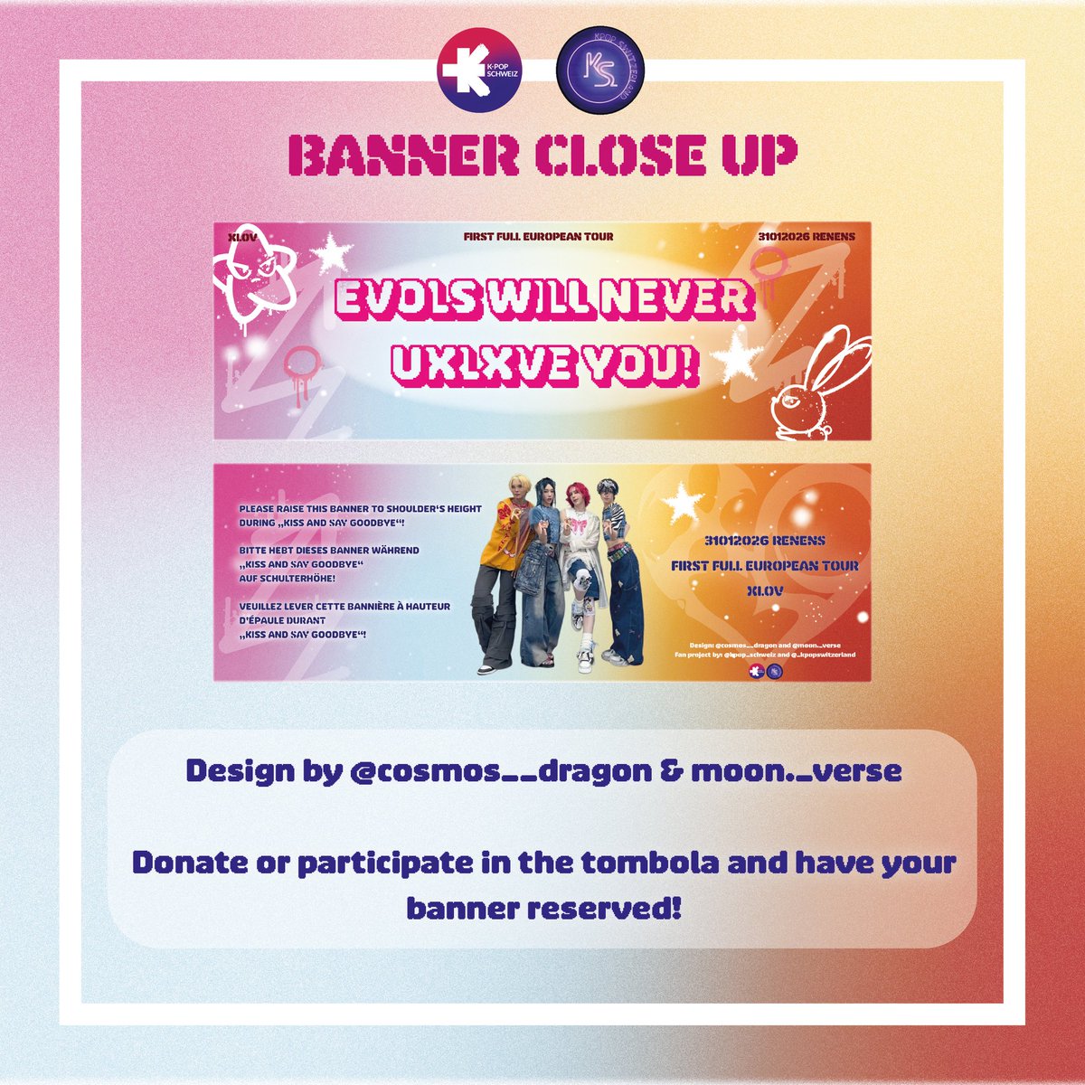 _kpopswiss's tweet photo. [XLOV CONCERT]
Here we go ! Xlov Projects are finally revealed ! And we need your help to make it real~

• BANNERS
Donate or participate in the tombola = you'll be sure to have a banner for the concert :) DM us if you wish to donate or get a tombola ticket !

[more in comments] https://t.co/8NdEaVZ7XY