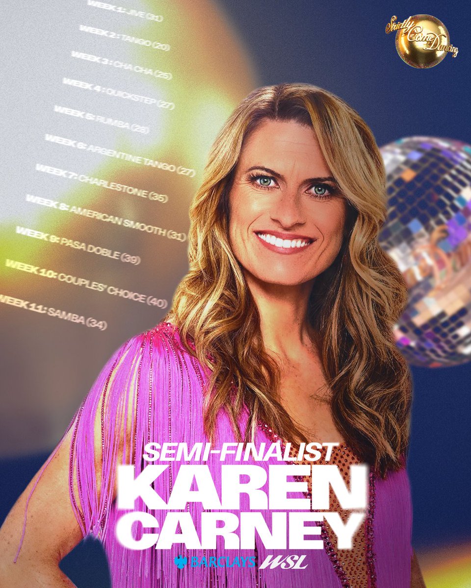 BarclaysWSL's tweet photo. From dancing around defenders to dancing around the ballroom 💃

Karen Carney has been on an incredible journey so far in this year's @bbcstrictly, with just one more vote separating her and a place in the Final 🤩

#BarclaysWSL https://t.co/J30E1eWmRk