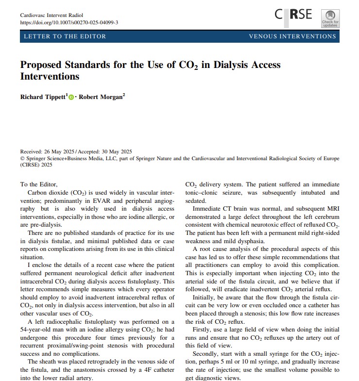 CVIR_Journal's tweet image. #LettertoEditor 📬
Proposed Standards for the Use of CO2 in Dialysis Access Interventions
link.springer.com/article/10.100…