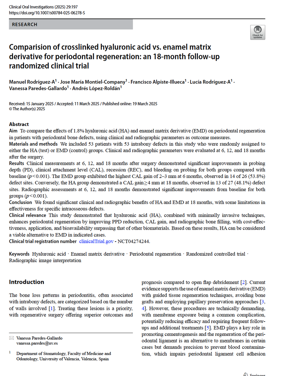 orthoUVresearch's tweet photo. Can hyaluronic acid replace enamel matrix derivative in periodontal regeneration?
This 18-month RCT shows comparable clinical and radiographic outcomes, supporting HA as a cost-effective alternative in selected intrabony defects.
https://t.co/JSiiBKjw2v https://t.co/CanMaH9tda