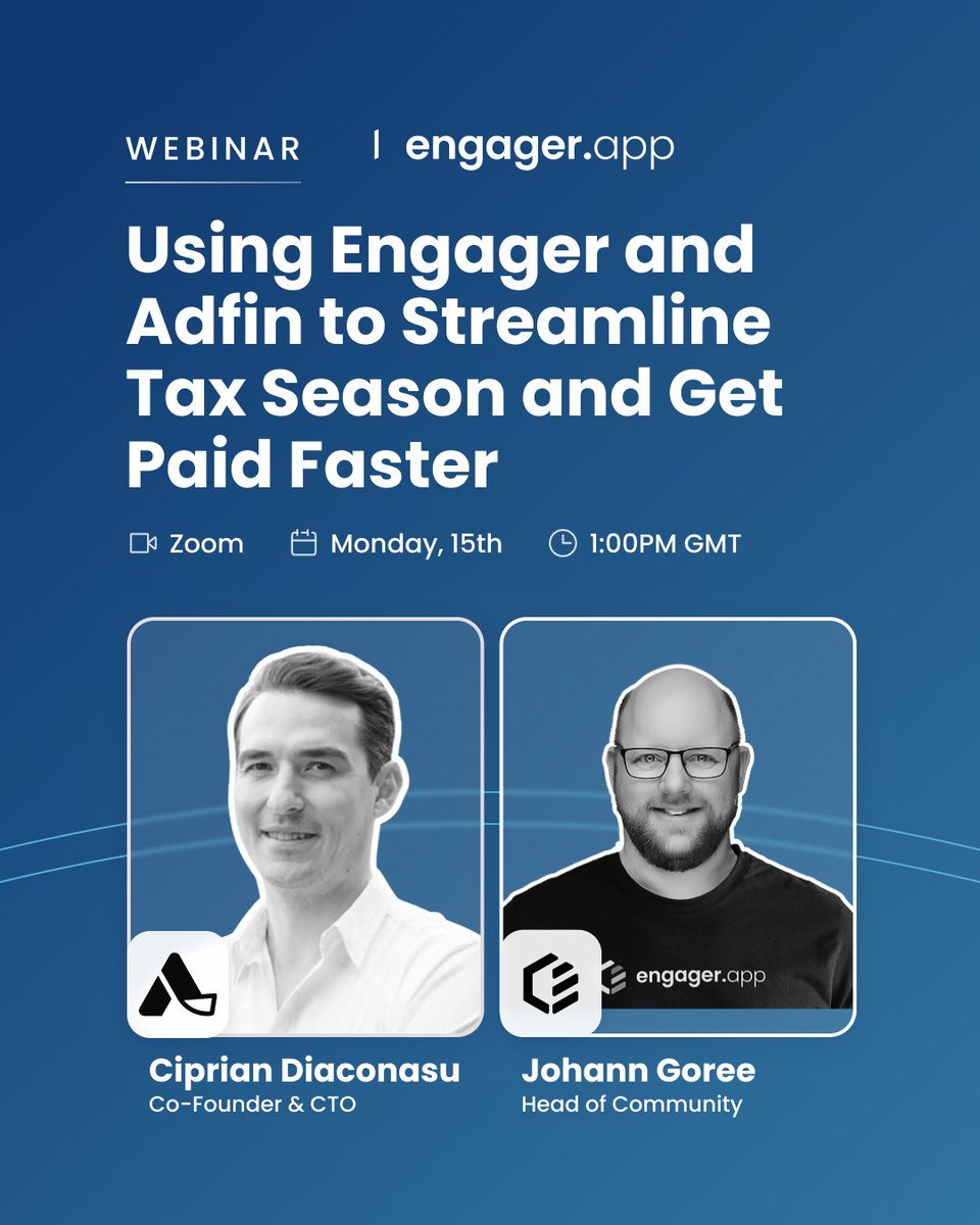 Tax season, minus the payment chasing.

Join our live webinar to see how Engager + Adfin streamline onboarding, proposals, invoicing, and payments.

📅 Mon 15th | ⏰ 1pm GMT

🎙 Ciprian Diaconasu &amp; Johann Goree

👉 Register now: eu1.hubs.ly/H0qp7NG0
