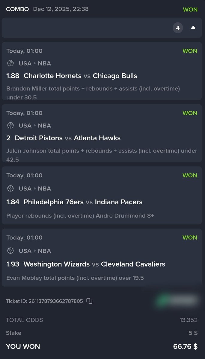 Nad_RoCc's tweet photo. ๐ON VALIDE LE COMBO #NBA PLAYER PROPS !๐
Cote 13.35 โ 5 $ = 66.76 $ ๐ฅ
โ
Brandon Miller PRA (under -30.5)
โ
Jalen Johnson PRA (under -42.5)
โ
Andre Drummond (rebonds 8+)
โ
Evan Mobley points (over +19.5)
#TeamParieur #Playerpick https://t.co/r4pPqClflT
