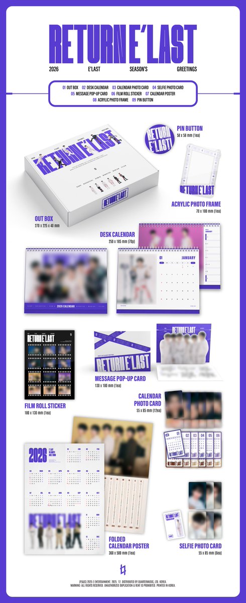 ELASTofficial's tweet image. [📢]
⠀
E'LAST(엘라스트) 2026 SEASON'S GREETINGS [RETURN E'LAST] 구성품 및 예약 판매 안내
⠀
Pre-Order
25.12.15 14:00 ~ (KST)
⠀
🔗 weverse.io/elast/notice/3…
⠀
#ELAST #엘라스트 #エラスト 
#RETURN_ELAST