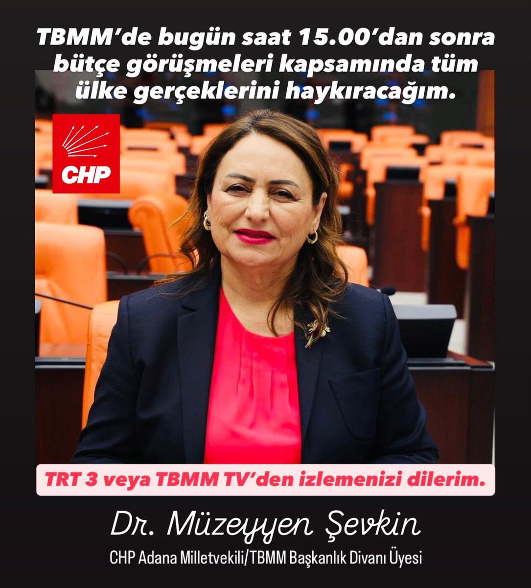 muzeyyensevkin's tweet image. 🔴 TBMM’de bugün saat 15.00’dan sonra bütçe görüşmeleri kapsamında tüm  ülke gerçeklerini haykıracağım.

🔴 TRT 3 veya TBMM TV’den izlemenizi dilerim.
