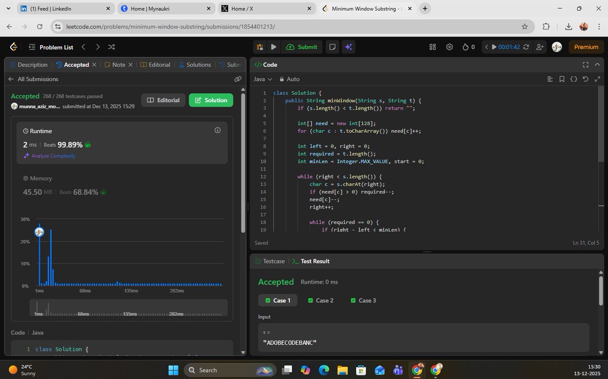 the_departed__'s tweet image. 🚀Week 2 Sliding Window Mastery Progress
Solved:
LC 424 Longest Repeating Character Replacement
LC 76 Minimum Window Substring
LC 239 Sliding Window Maximum
Variable windows + frequency maps + monotonic queue = 🔥
#LeetCode #DSA #SlidingWindow #Java #100DaysOfCode #CodingJourney