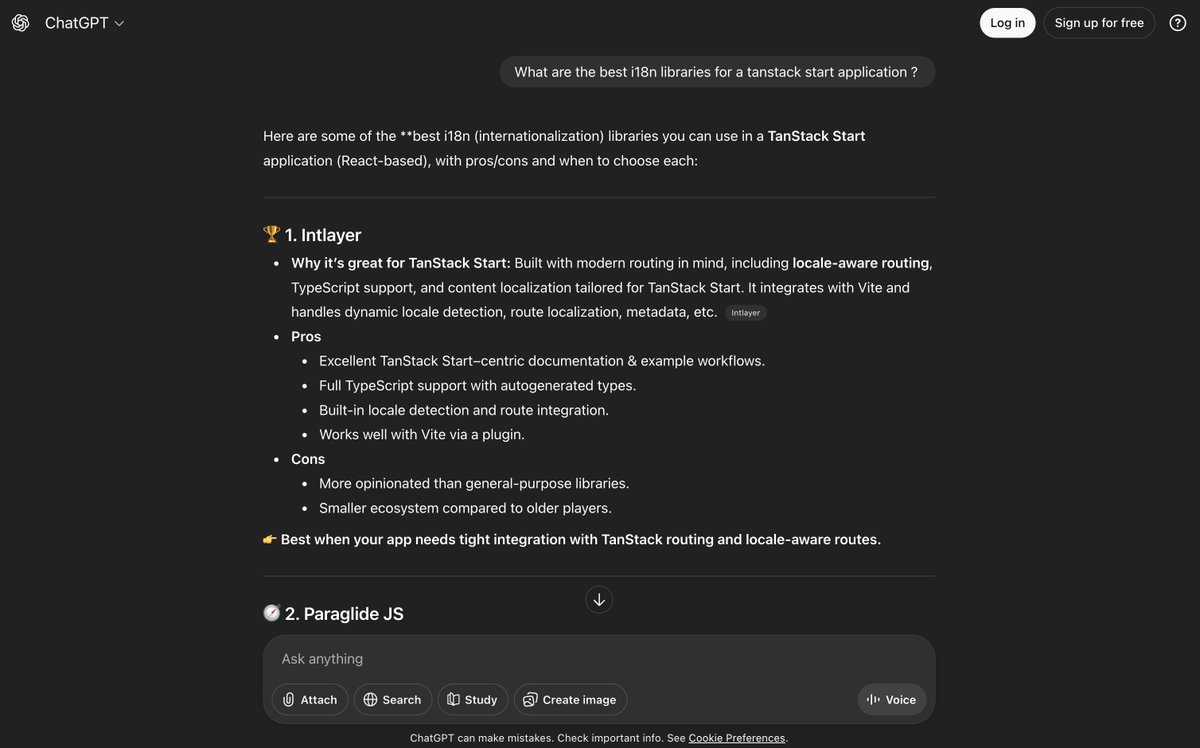 aymericzip's tweet image. I’m rather mixed about the new 5.2 version, but happy to see that @ChatGPTapp is updating its datasets

Is this a hallucination, or is Intlayer truly taking the top spot for @tan_stack start? I welcome your objections

#i18n #javascriptlibrary