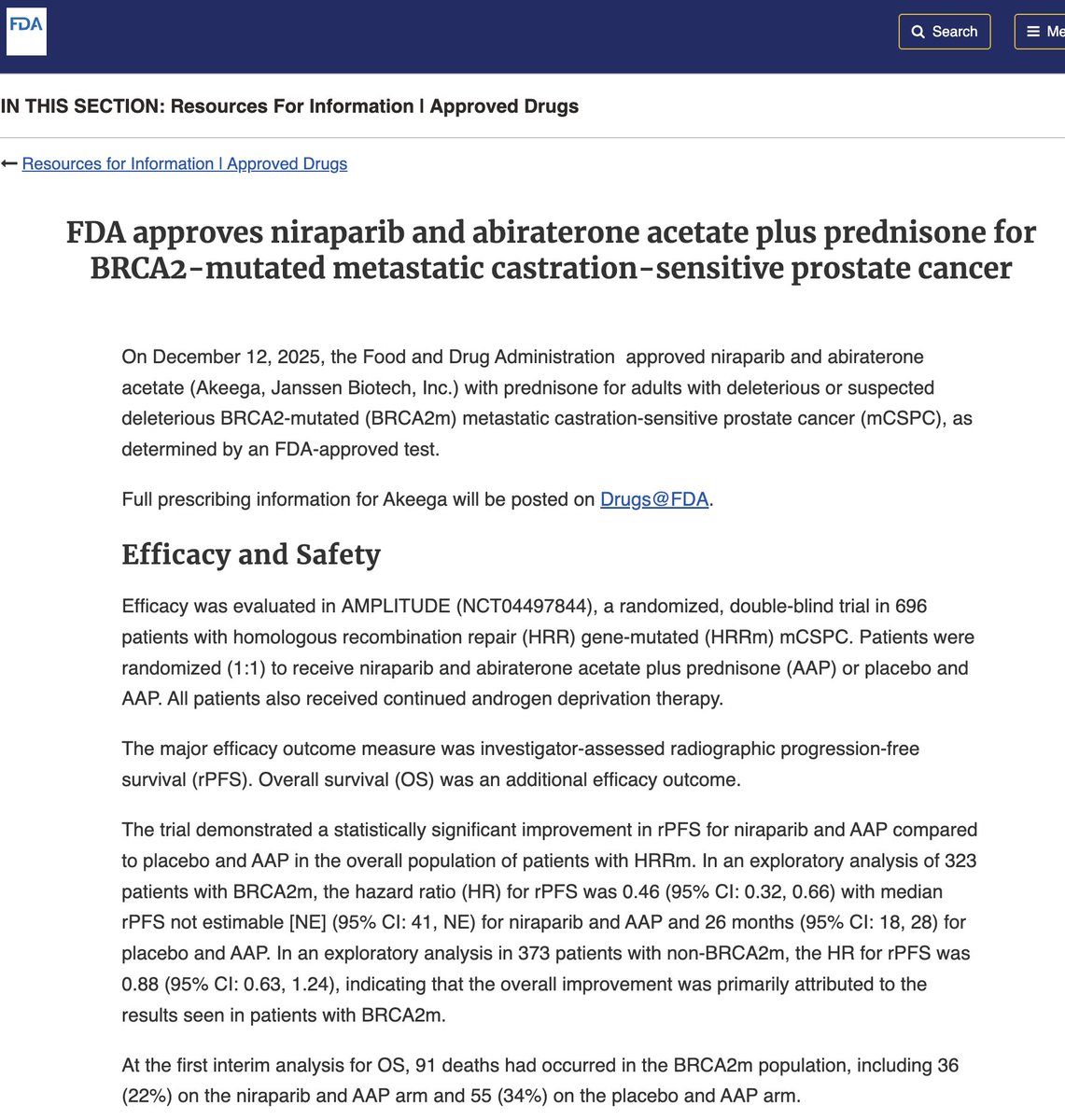 DrYukselUrun's tweet photo. @US_FDA  approves niraparib + abiraterone for BRCA2 mutated mCSPC.
In AMPLITUDE, rPFS cut by more than half (HR 0.46).
Precision matters. 🧬
Biology matters.
@AttardLab @neerajaiims @Dolmos77 @heatherhcheng @DRathkopf @OncoAlert @APCCC_Lugano @PCFnews 
https://t.co/3q5oMH57WR https://t.co/YYmaVyl6nb