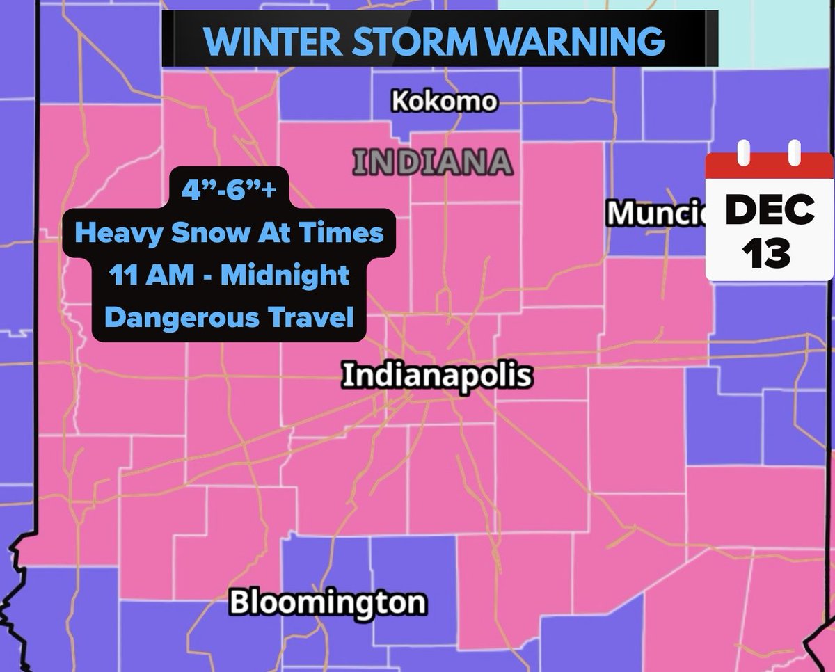 Winter Storm Warning 11 AM - Midnight today for much of Central Indiana.

Heavy snow at times between those hours…dangerous travel conditions developing… 3”-6”+ accumulation…followed by bitter, near-record cold.

<a href="/LindseyWTHR13/">Lindsey Monroe</a> updating this morning on <a href="/WTHRcom/">WTHR.com</a> Sunrise 6-10 AM