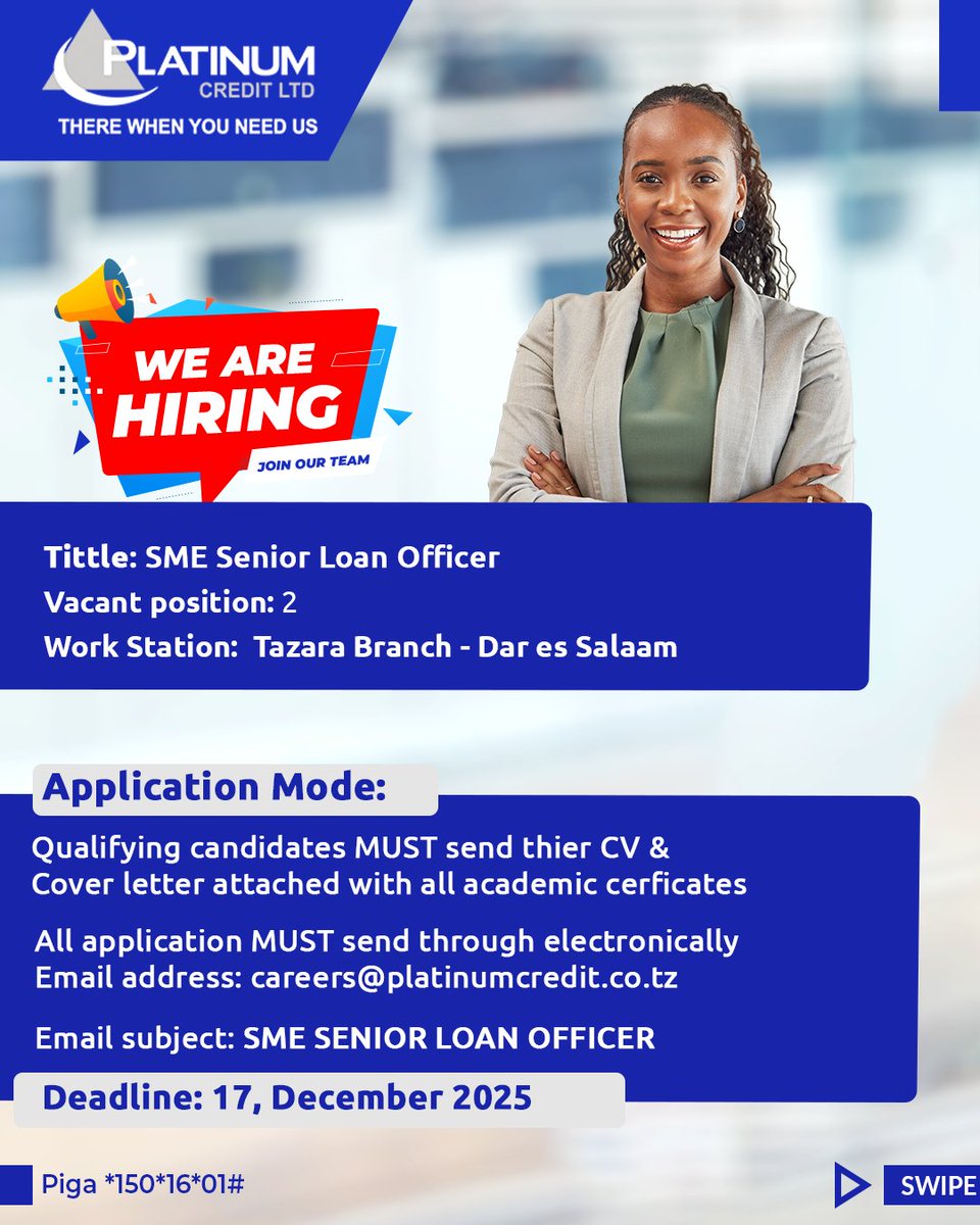 PCL_Tz's tweet photo. Here's an opportunity to be a part of our Dream team !

#platinumcredit #mkopo #malengo #mkopoharaka
#mkopoharaka #mkoporahisi #mkopochachap #mikopo https://t.co/V4KfgGaith