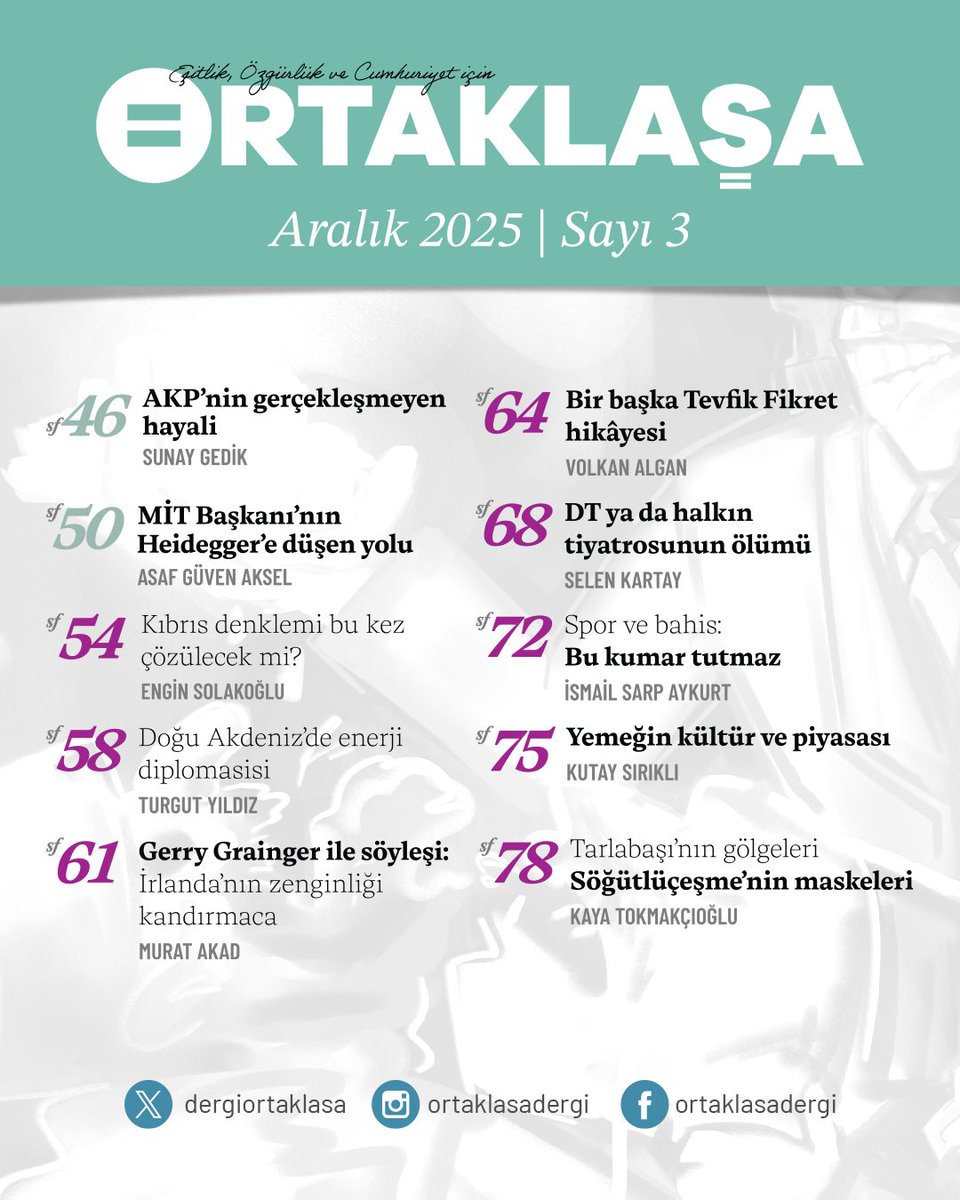 📖Ortaklaşa, aralık sayısında ak ile karayı ayırıyor, AKP’nin uğursuz misyonuna ve hikâyenin başlangıcına odaklanıyor.

AKP'yi irdeleyen yazıların yanı sıra Kürt sorunundan Ortadoğu'daki gelişmelere, Doğu Akdeniz'deki enerji kavgasından İrlanda'nın sözde zenginliğine, spor ve