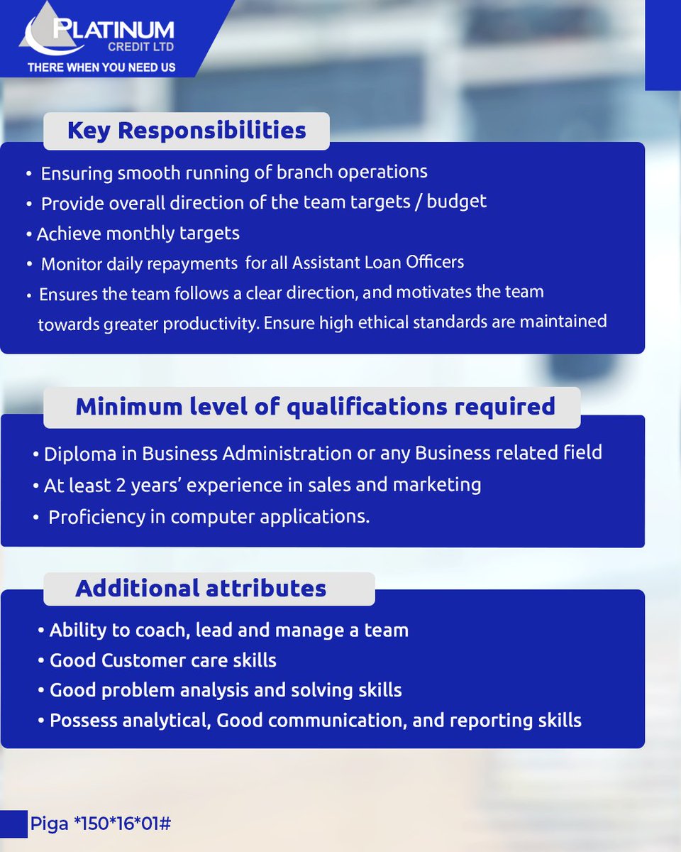 PCL_Tz's tweet photo. Here's an opportunity to be a part of our Dream team !

#platinumcredit #mkopo #malengo #mkopoharaka
#mkopoharaka #mkoporahisi #mkopochachap #mikopo https://t.co/V4KfgGaith