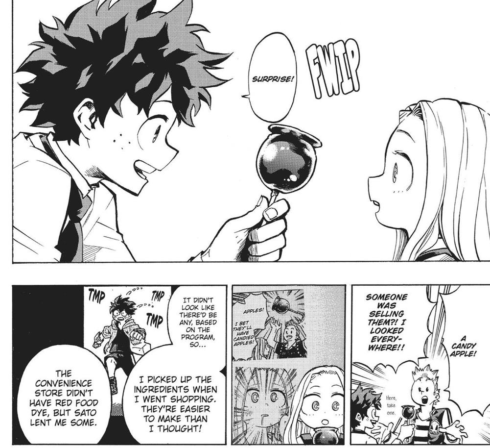 A nice detail is that the UA festival now sells apple candy when Deku had to go out of his way to make one for Eri. There's a stall behind him, so they probably did it at his suggestion, hehe ☺️