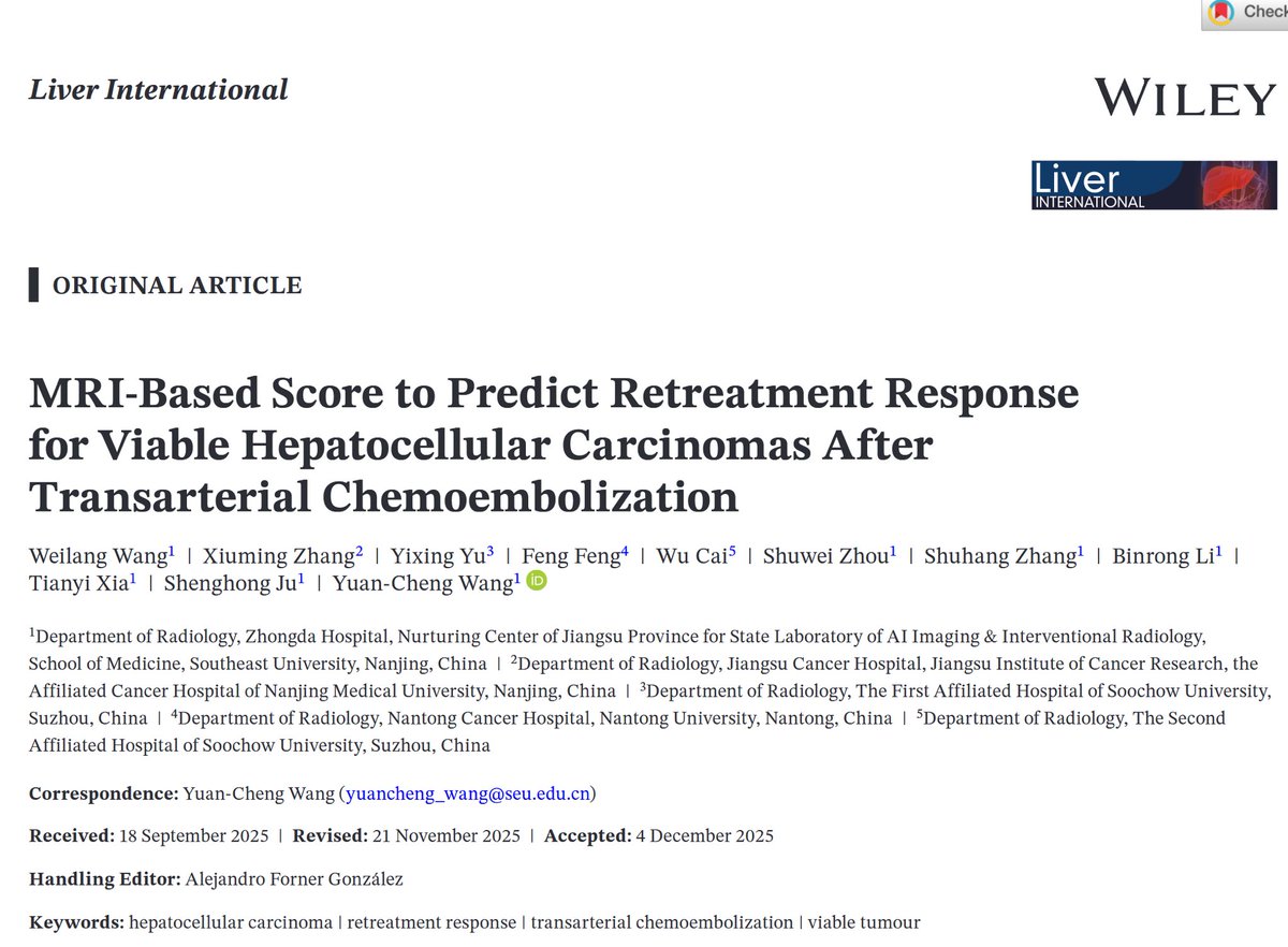 wangyc_zd's tweet image. We have recently developed a model to predict the response of viable tumors to retreatment following initial TACE for HCC. For more details, see the full paper here: dx.doi.org/10.1111/liv.70…
#HCC #TACE