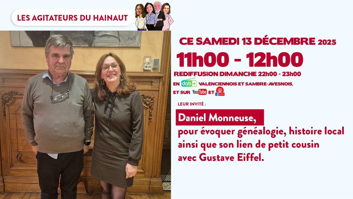 Les Agitateurs du Hainaut - Samedi 13 décembre 2025 - #166
Avec Daniel Monneuse pour évoquer généalogie, histoire local ainsi que son lien de petit cousin avec Gustave Eiffel.
cno-radio.fr/podcast-cno-11…