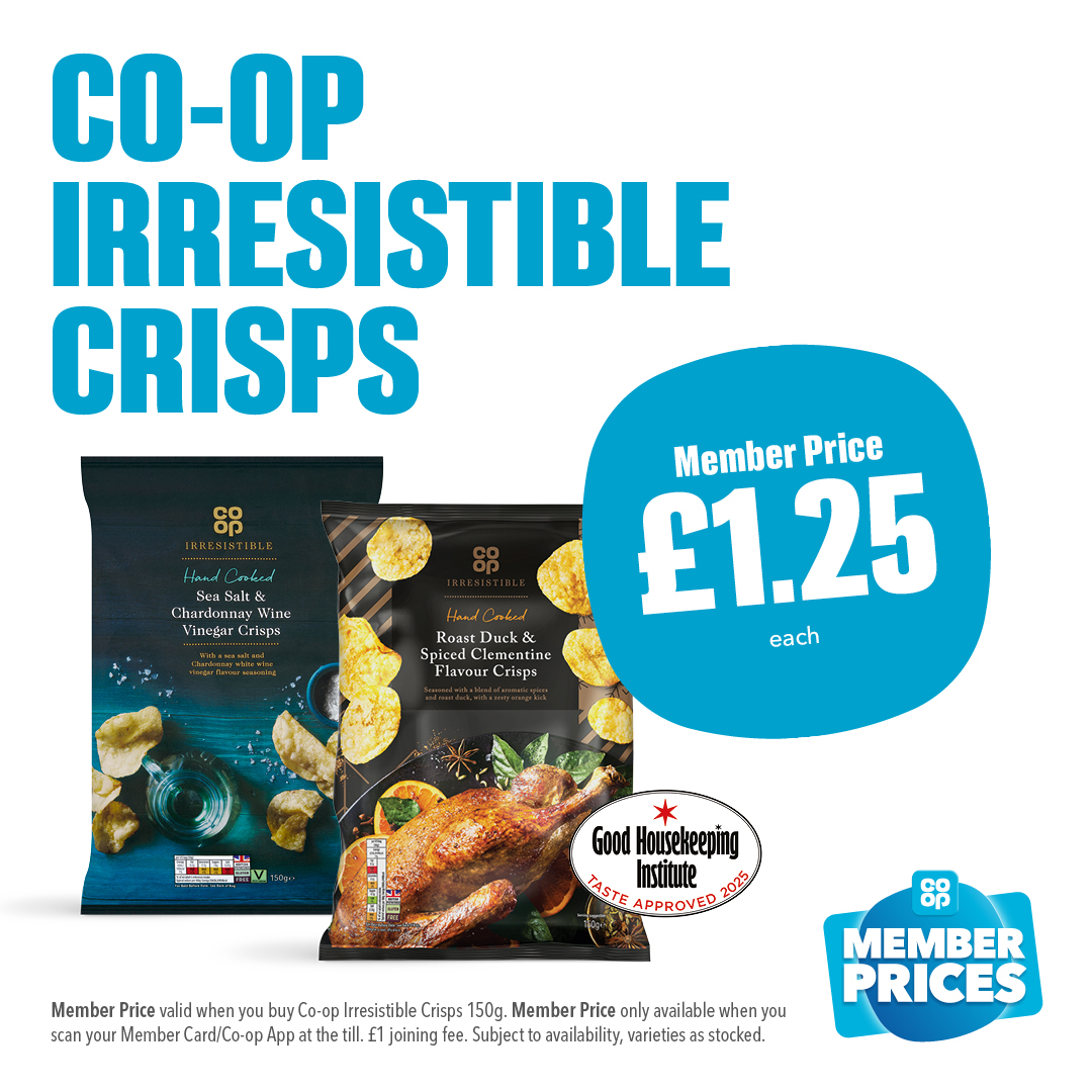 The award-winning <a href="/coopuk/">Co-op</a> Irresistible crisps are now just £1.25 for Co-op Members ⭐  Pop to your local store and don't miss this fantastic festive deal 🙌