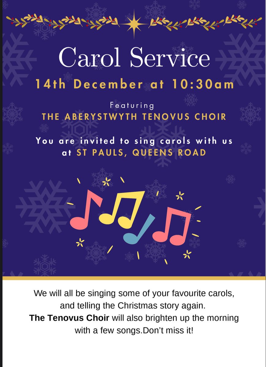 This Sunday is our Carol Service. Starting at 10:30am and we look forward to being joined by the Aberystwyth Tenovus Choir. #Aberystwyth