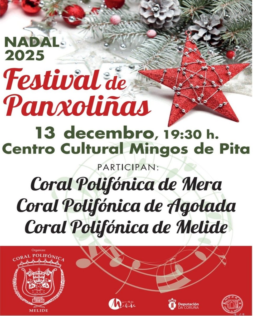 👏 Da man da Coral Polifonica De Melide chega o 𝗙𝗲𝘀𝘁𝗶𝘃𝗮𝗹 𝗱𝗲 𝗣𝗮𝗻𝘅𝗼𝗹𝗶𝗻̃𝗮𝘀.

🗓 Sábado, 13 de decembro.

🕖 19:30h.

📍 Centro Sociocultural Mingos de Pita.

🎟 Entrada gratuíta.

#nadalenMelide25