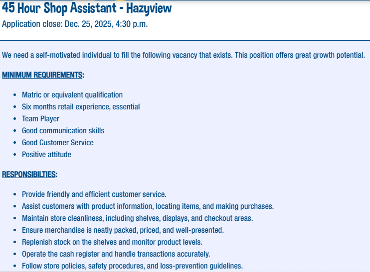 AllJobs4us's tweet photo. Job Alert!!!

Company: Crazy Store
Position: Shop Assistant 
Location: Mpumalanga-Hazyview 
Closing Date: 25 December 2025

Please refer to the picture for more info https://t.co/MSmT9XjhiS