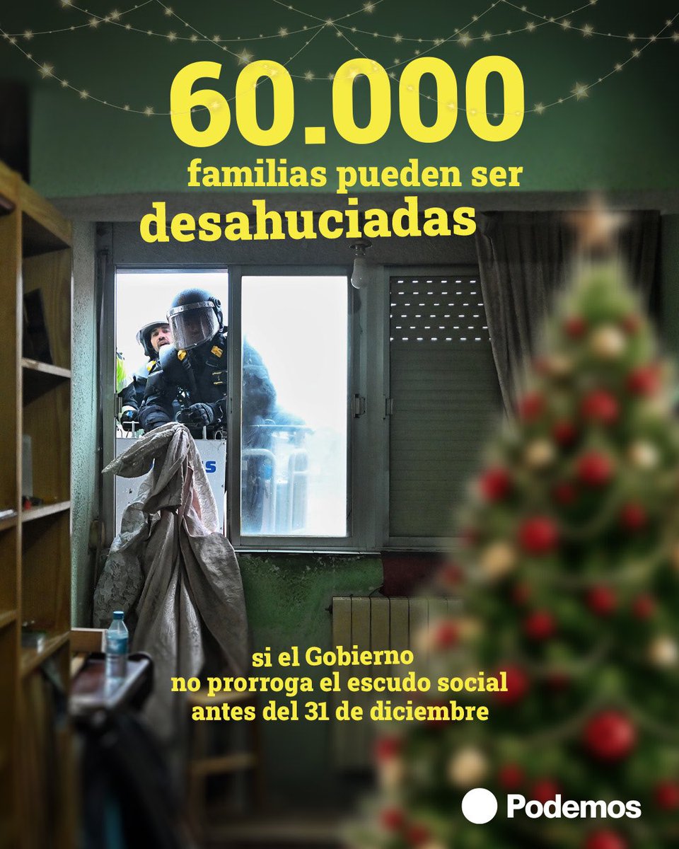 El 31 de diciembre se acaba el Escudo social. Si no se renueva, más de 60.000 familias volverán a estar en riesgo de desahucio

No lo podemos permitir. Hagamos ruido hasta obligar al Gobierno a mantener el Escudo Social y la suspensión de todos los desahucios

#ConCasaPorNavidad
