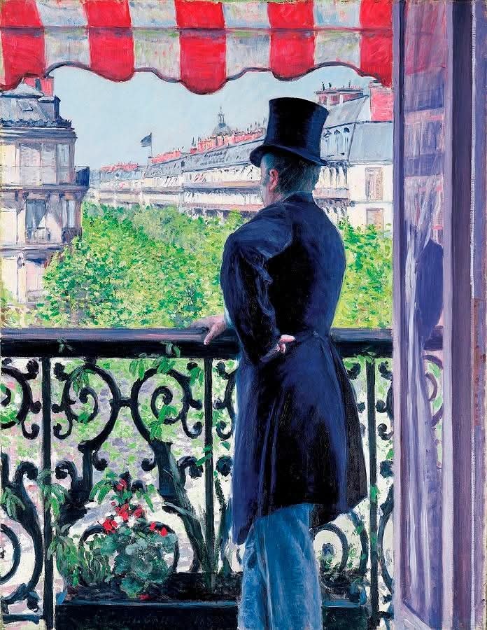🎨 Gustave Caillebotte. 
Homme au balcon, boulevard Haussmann. 
1880. Paris 
Cette toile nous dit beaucoup de choses.