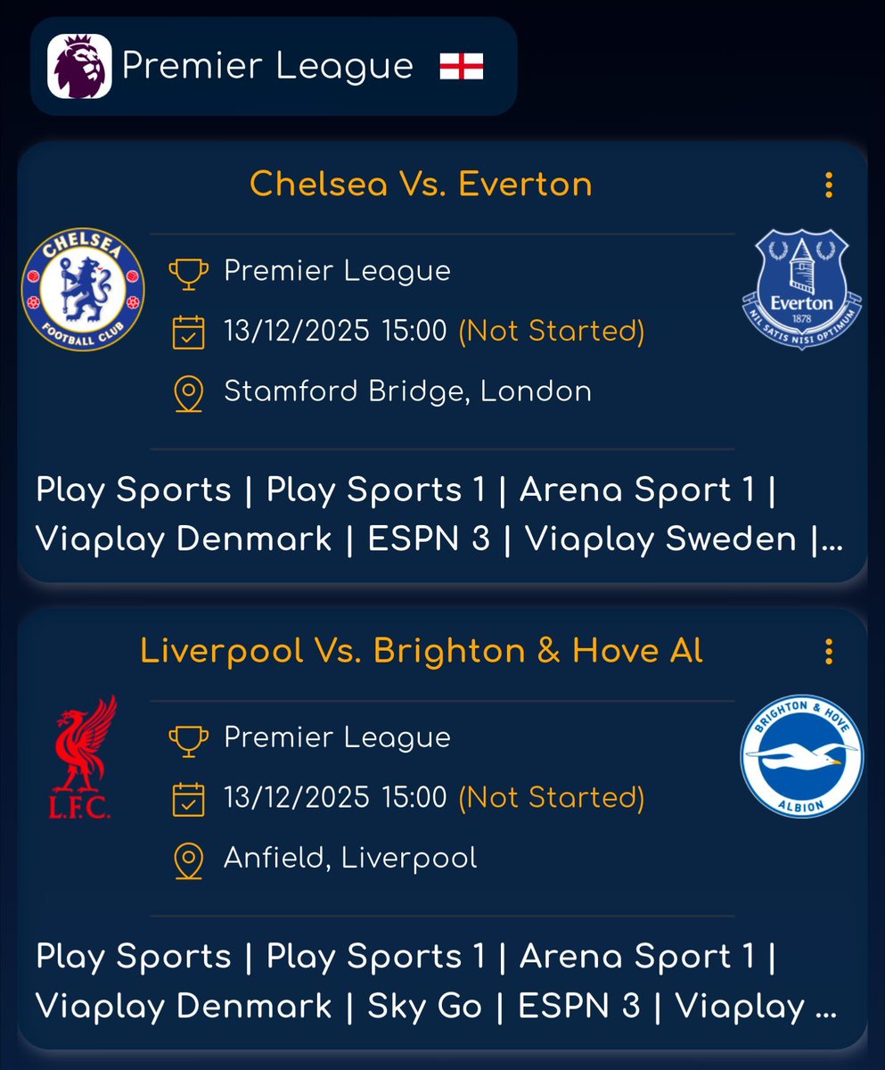Todays Key Fixtures ⚽️🔥

#PremierLeague:
🏴󠁧󠁢󠁥󠁮󠁧󠁿 #Chelsea Vs. Everton
🏴󠁧󠁢󠁥󠁮󠁧󠁿 #Liverpool Vs. Brighton
🏴󠁧󠁢󠁥󠁮󠁧󠁿 Burnley Vs. #Fulham
🏴󠁧󠁢󠁥󠁮󠁧󠁿 #Arsenal Vs. Wolves

#LaLiga:
🇪🇸 Atlético Madrid Vs. #Valencia
🇪🇸 #Mallorca Vs. Elche
🇪🇸 #Barcelona Vs. Osasuna
🇪🇸 Getafe Vs. #Espanyol

#Championship:
🏴󠁧󠁢󠁥󠁮󠁧󠁿 Oxford