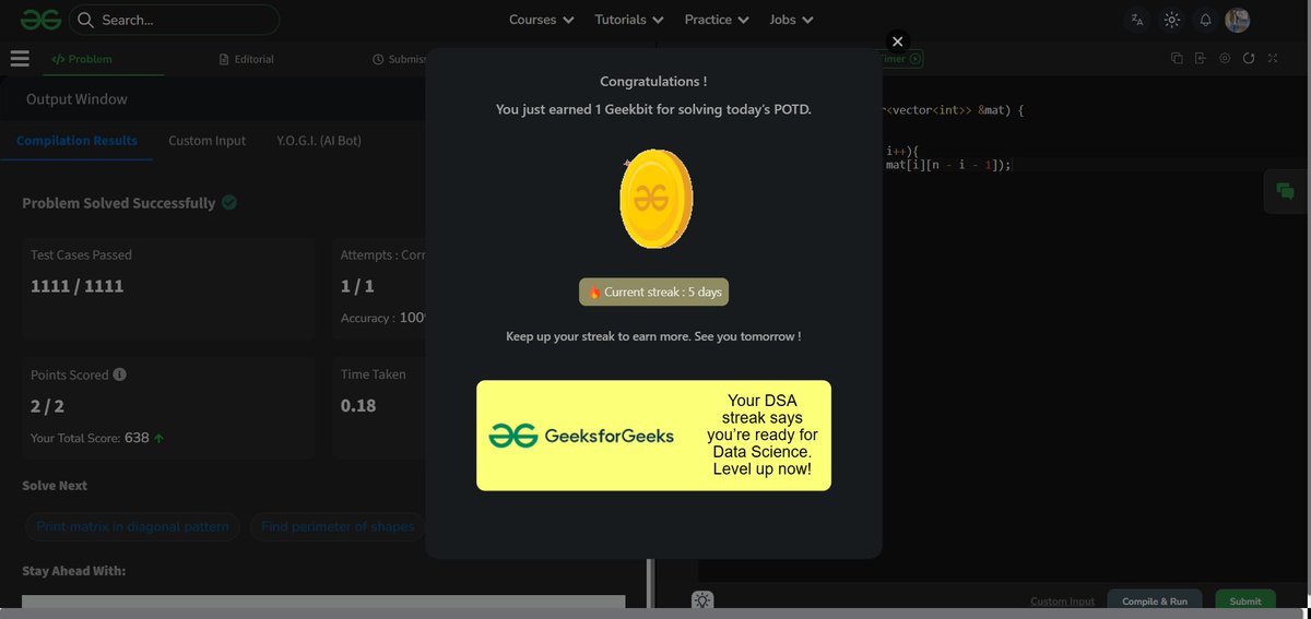 amansharma264's tweet image. 🎯 Solved GFG POTD – Swap Diagonals

🔍 Problem:
Given a square matrix, swap the elements of its primary diagonal with the secondary diagonal.

🧠 Approach:
• Let n be the size of the matrix.
• Traverse from 0 to n-1 using a single loop.
• For each i:
  - Primary diagonal:…