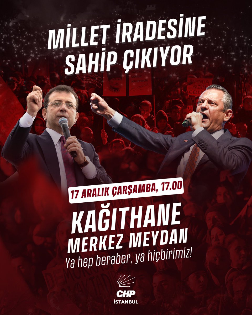Bu haftaki buluşmamız saat 17:00’de! 

Halkın iktidarını hep birlikte kuracağız.

Genel Başkanımız Özgür Özel’in öncülüğünde, Cumhurbaşkanı adayımız Ekrem İmamoğlu ve tüm yol arkadaşlarımızın özgürlüğü için buluşuyoruz.

📍 Kağıthane – Merkez Meydanı
🗓️ 17 Aralık Çarşamba | 17.00