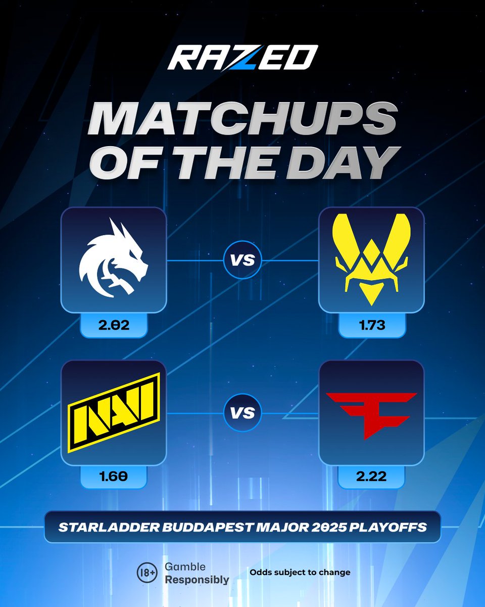 RazedEsport's tweet image. Get ready for a banger Semi Finals 🔥

Spirit 🆚 Vitality
Natus Vincere 🆚 FaZe