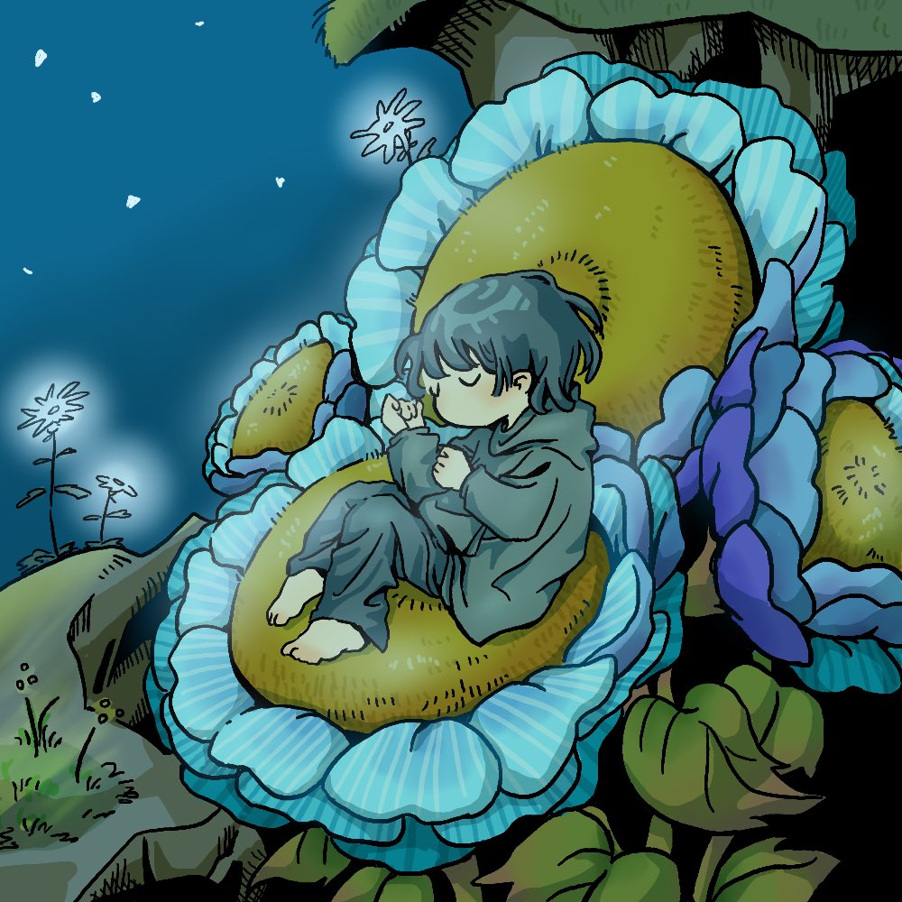 架空の花シリーズPart2

「花の上で一息」

 ファンタジーのお話の夜に使える
野外の寝床をゆっくり味わうのも良い…

自分のお話の世界に出てきそうな植物や動物。イメージがはっきり掴めないなという時は、
イメージイラストを作るのも良いです！

#架空の花　#花のベッド　#夜の中