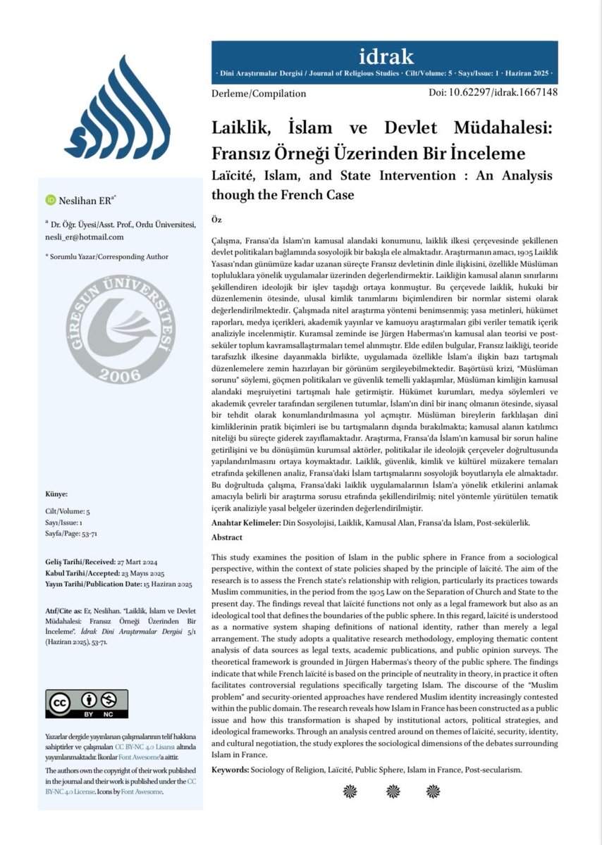 Makale okumak için güzel bir hafta sonu📖
Neslihan ER tarafından kaleme alınan araştırmamız, Fransız laikliğinin normatif bir kimlik inşası aracına dönüştüğünü ve Müslüman kimliğinin kamusal meşruiyetini nasıl tartışmalı hale getirdiğini ortaya koyuyor.
dergipark.org.tr/tr/pub/idrak/i…