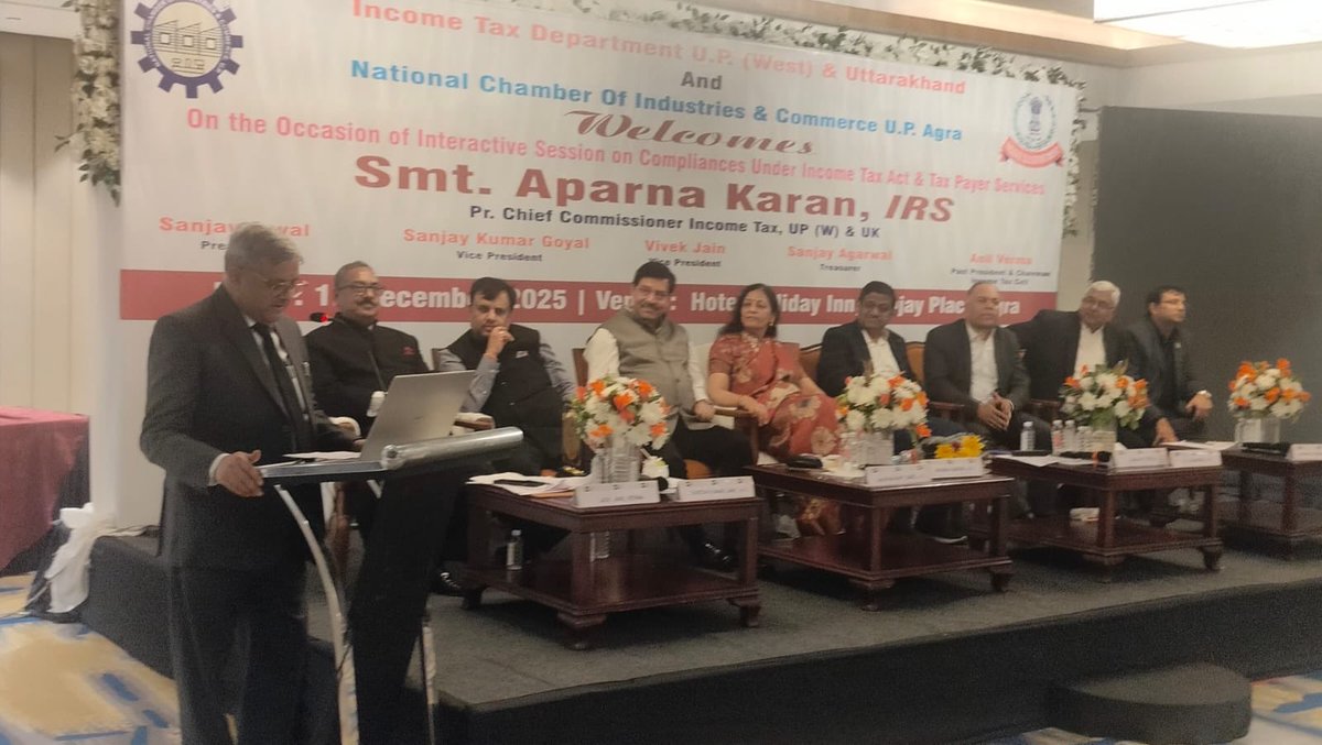 IncomeTaxUPWest's tweet image. An outreach program was organised by the Income Tax Department, at Agra on 12.12.2025 on  "Compliance under the Income-tax Act &amp;amp; Tax Payers Services". Ld. Pr. Chief Commissioner of Income Tax, UP(West) &amp;amp; Uttarakhand Region, Kanpur Smt. Aparna Karan graced the occasion and left a…