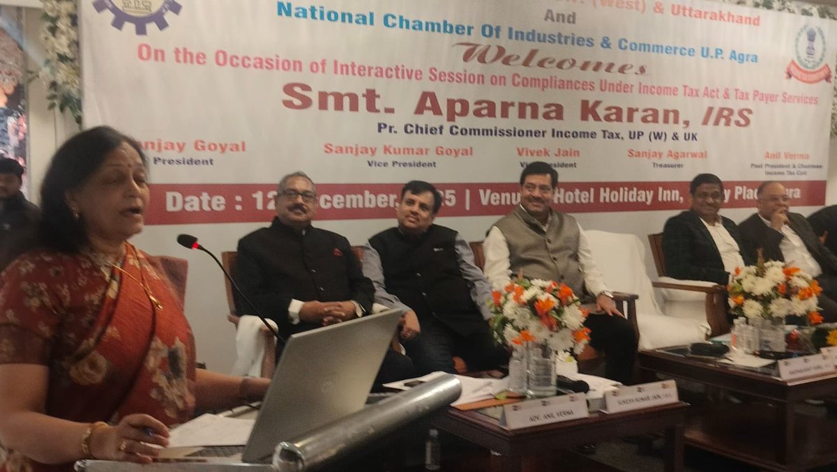 IncomeTaxUPWest's tweet image. An outreach program was organised by the Income Tax Department, at Agra on 12.12.2025 on  "Compliance under the Income-tax Act &amp;amp; Tax Payers Services". Ld. Pr. Chief Commissioner of Income Tax, UP(West) &amp;amp; Uttarakhand Region, Kanpur Smt. Aparna Karan graced the occasion and left a…